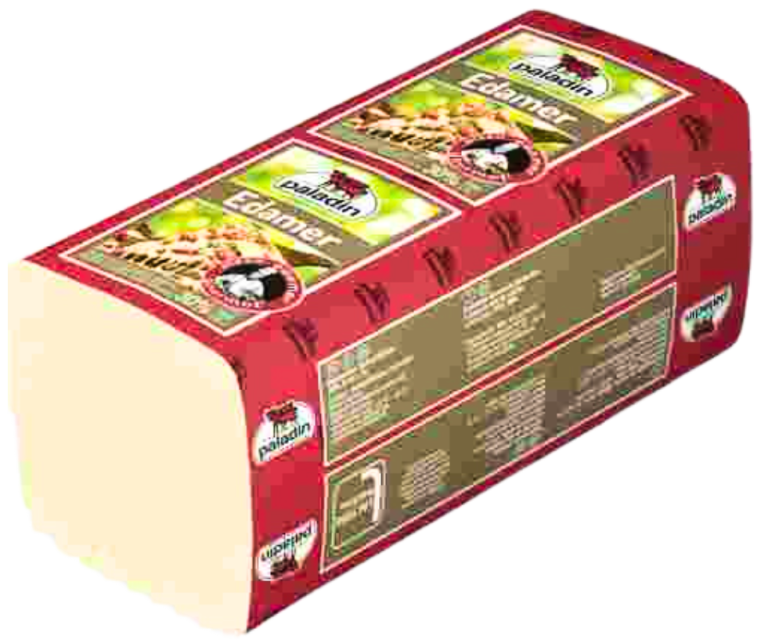 Zu sehen ist ein Block Edamer der Marke "Palladin" eingepackt in einer rot bedruckten Folie, auf der die Zutaten, das Markenlogo und ein Produktbild abgedruckt sind.