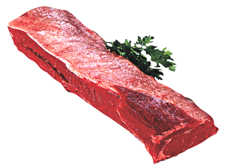 Zu sehen ist ein saftig rot glänzendes Roastbeef ohne Knochen und weitgehend fettfrei.