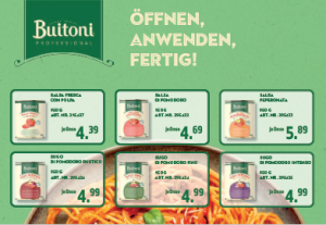 Zu sehen ist eine Anzeige von "Buitoni" mit dem Titel "Öffnen, Anwenden, Fertig!". Angeboten werden verschiedene Tomatensoßen je 950g.