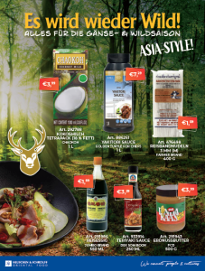 Zu sehen ist eine Anzeige von "Heuschen" mit dem Titel "Es wird wieder Wild! Alles für die Gänse-Ei Waldsaison". Angeboten werden: Kokosmilch Tetrapack 18% Fett, Yakitori Sauce, Reisbandnudeln 3mm, Reisessig, Teriyaki Sauce und Erdnussbutter.