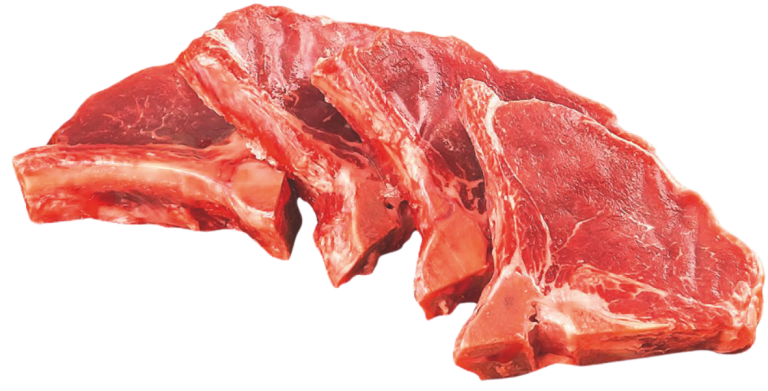 Zu sehen sind mehrere rote saftige Hochländer Wildschweinkoteletts durchzogen mit feinen weißen Fasern und Knochenstück.