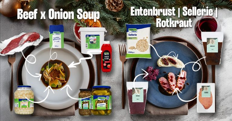 Zu sehen ist eine weihnachtliche Anzeige von "Intergast". Angeboten werden: Produkte zur Zubereitung von Beef-Onion Suppe und für Entenbrust mit Sellerie und Rotkraut darunter Weizenmehl, Rindfleisch, Gewürzgurken, Tomatenketchup, Creme Fraiche, Sellerie, Rotkraut und Entenbrust